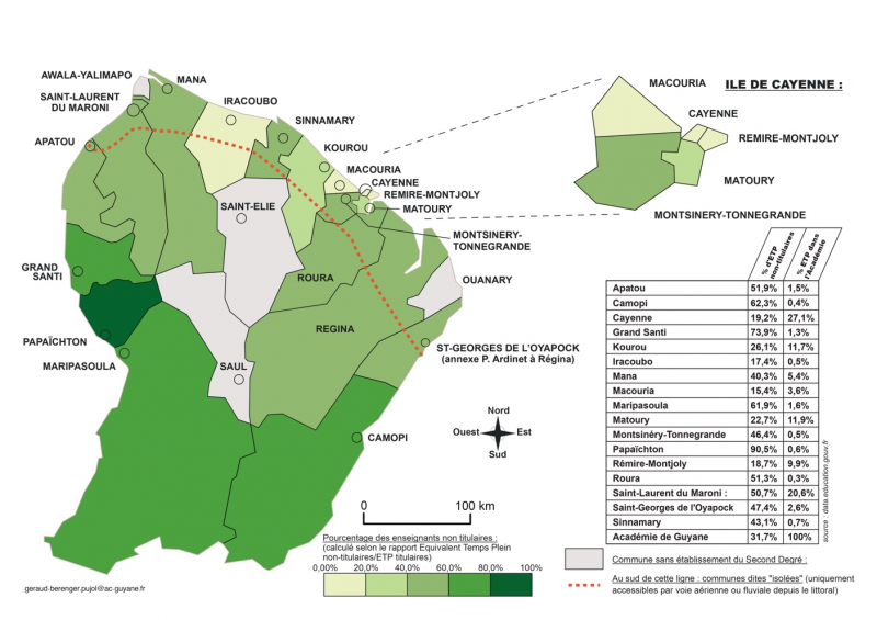 Figure 2 : Part des enseignants non-titulaires dans les établissements d’enseignement publics et privés dans l’académie de Guyane, en 1er et 2nd degré pour l’année 2024-2025 à l’échelle communale